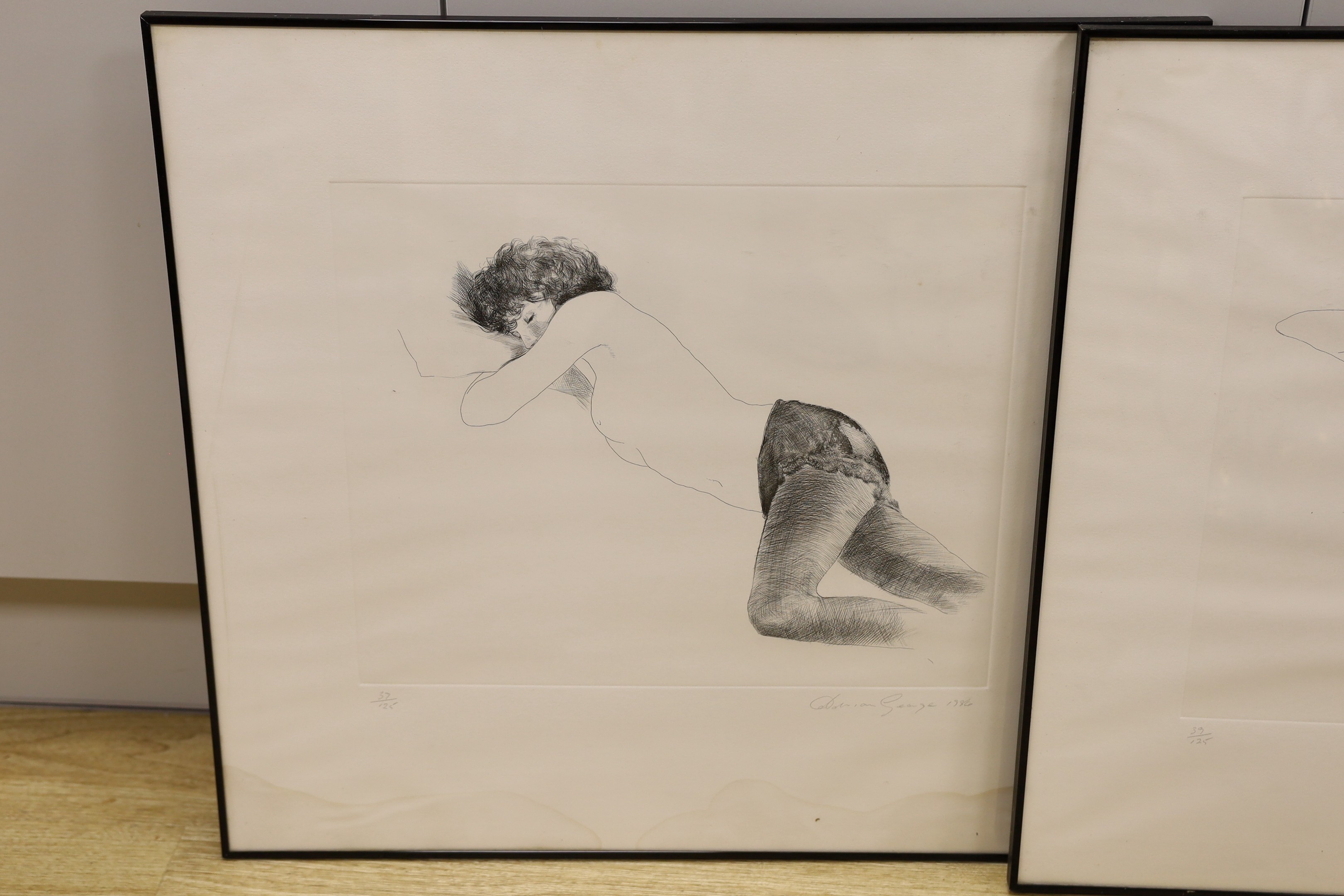 Dorian George, two etchings, Reclining woman, signed in pencil and dated 1986, 37 and 39/125, overall 56 x 60cm